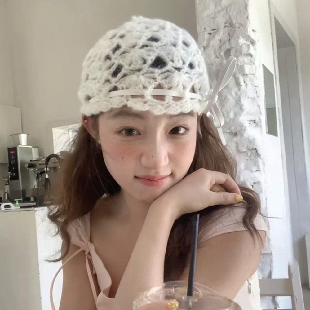 Bow Knit Beanies Strapped Ethnic Style Hat Casual Crochet Hollow Knitted Hat  Apparel Accessories