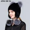Natural Mink Fur Hats for Women Cute Cat Ear Thick Winter Hat Female Fashion Fur with Rhinestones Knitted Beanies