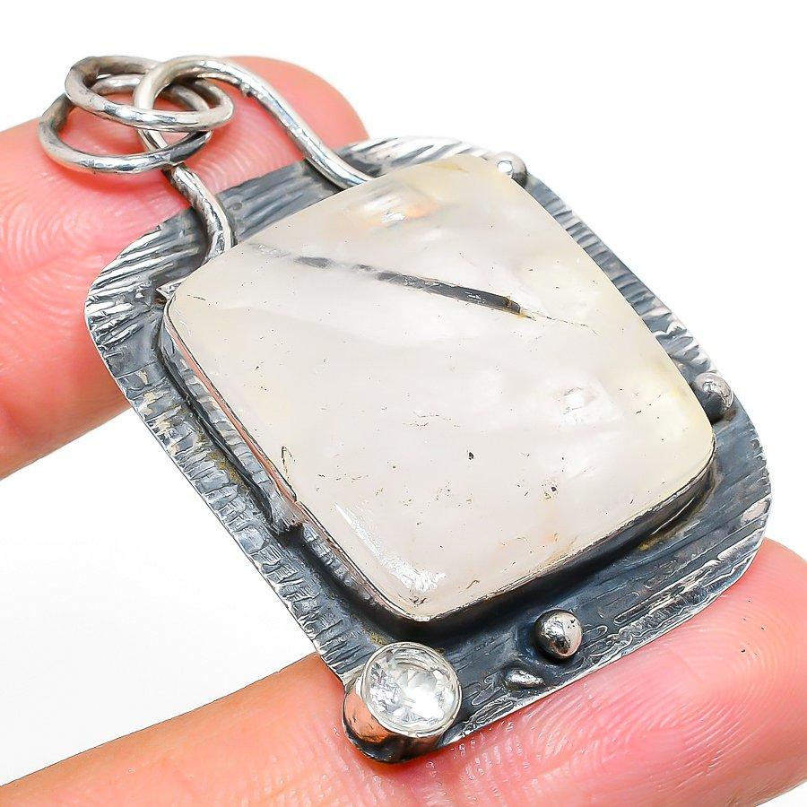 Black Rutile, Topaz Handmade 925 Sterling Silver Pendant 2.13" I7T14