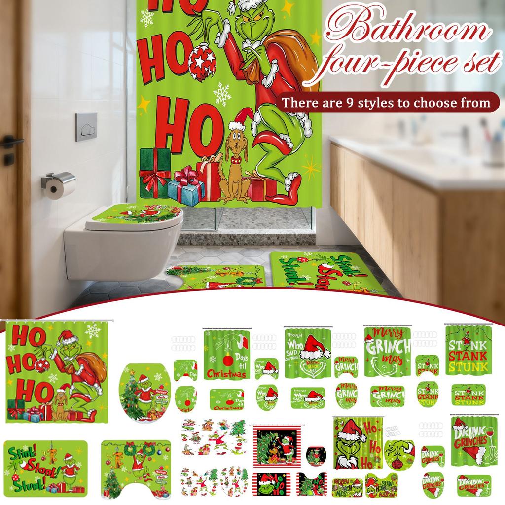 4 Christmas Bathroom Sets, Shower Curtain, - Carpet, Horse Cover And - U-shaped Bath Mat, Christmas Holiday Bathroom Decoration