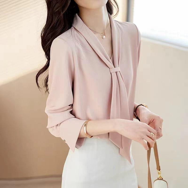 2024 High-End Women's Chiffon Ribbon Blouse - Slimming Long Sleeve, Versatile Spring/Autumn Fashion