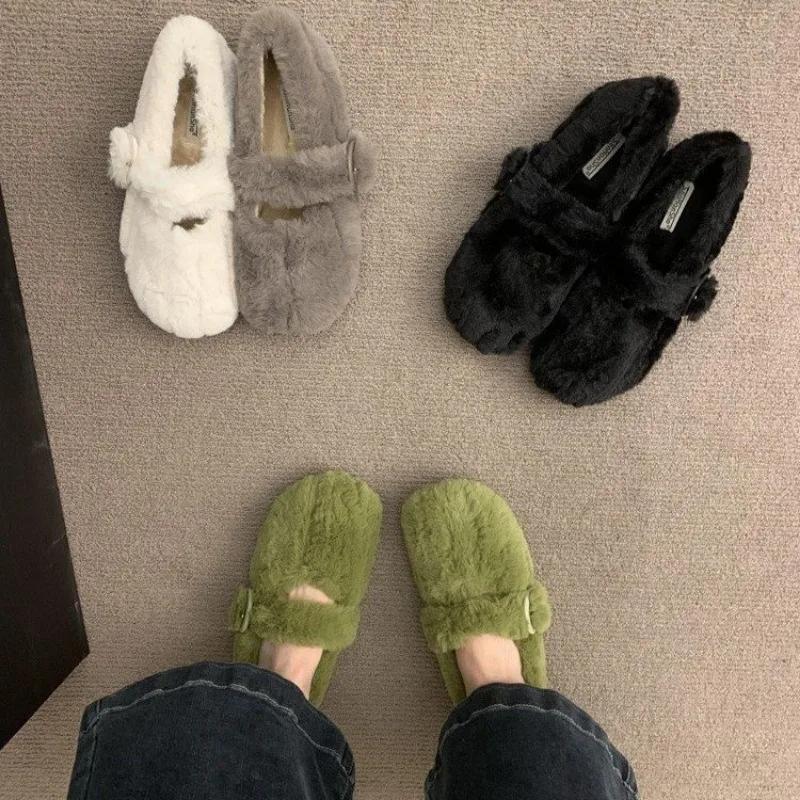 Зимние мягкие и удобные женские туфли на плоской подошве 2024 года, повседневные модные плюшевые туфли Мэри Джейн, модные универсальные туфли с неглубоким горлом