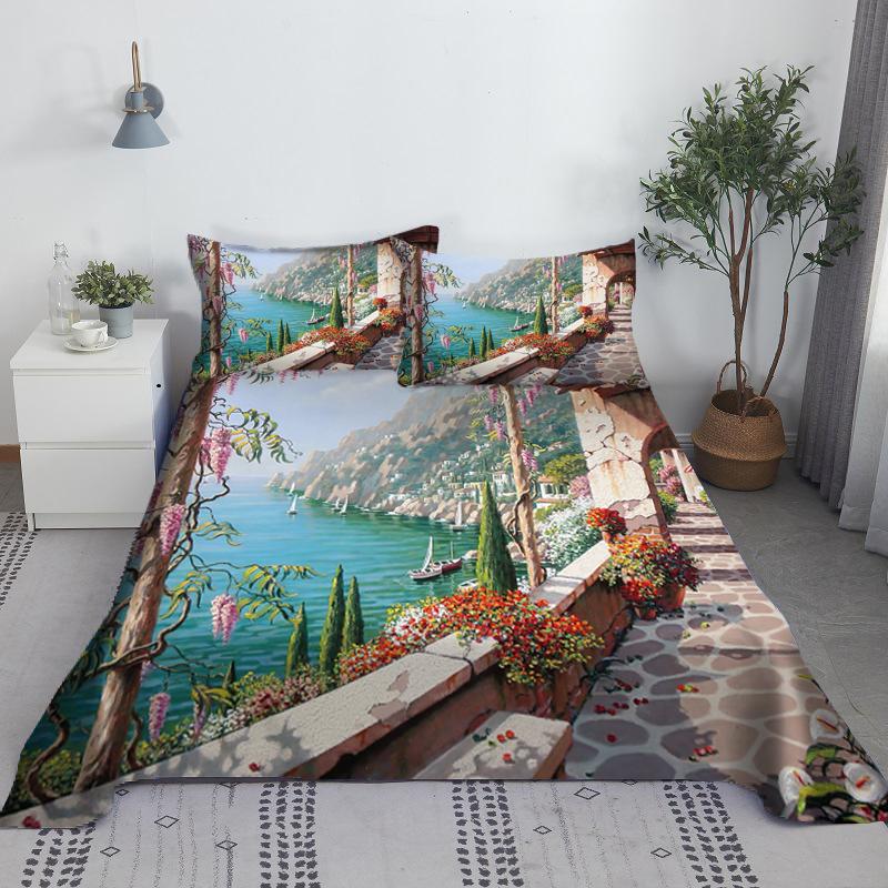 Комплект простыней с тропическим пейзажем, цифровая печать, зеленые листья, полиэстер, плоская простыня с наволочкой, постельное белье, размер кинг, размер квин