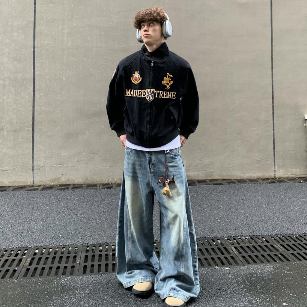 Куртка-бомбер ZYLLO в стиле американского ретро-винтажа с вышивкой и молнией, модная, в стиле хип-хоп, с отложным воротником, в стиле 2000-х, уличная одежда, свободный крой, повседневная.