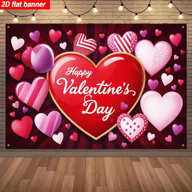 2D Valentine's Day Party Backdrop with Various Hearts and Balloons