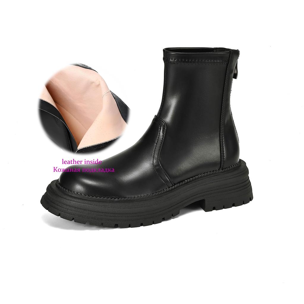 Krazing Pot Микрофибра Осенне-зимняя обувь Толстый высокий каблук Молния Платформа Размер 43 Мотоциклетные ботинки Коричневый цвет Ботильоны