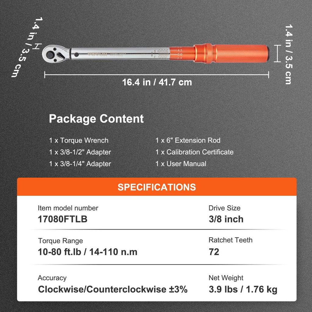 Torque Wrench, 3/8-inch Drive Click Torque Wrench 10-80ft.lb/14-110n.m, Dual-Direction Adjustable Torque Wrench Set, Mechanical Dual Range Scales