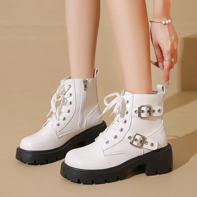 Мода Мода Металлическая Пряжка Ремня Украшение Вестерн Сапоги Женские 2025 Осень Сексуальные Высокий Каблук Боковая Молния Ботильоны Панк Толстая Подошва Обувь