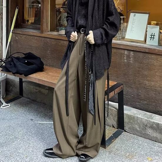 Мужские брюки широкие штанины до пола однотонные с глубоким шаговым швом свободные ретро