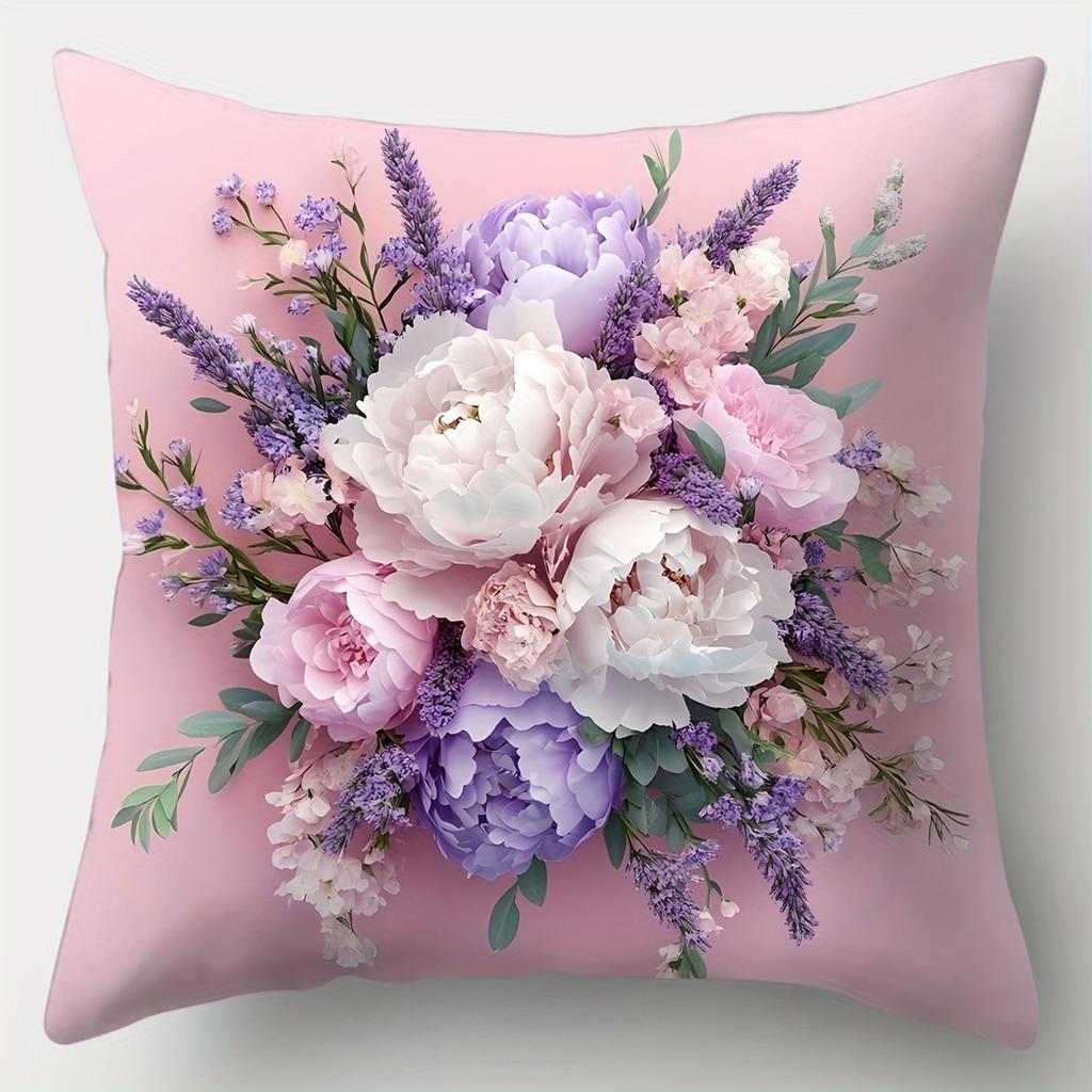 4Pcs Double-Sided Printed Throw Pillow Covers, Watercolor Lavender Peony Bouquet Print Cushion Cases Aesthetic Spring Home Decor