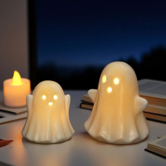 2 Pcs Ceramic Ghost Figurine Light-Up White Ghost Statue Small LED Ghost Halloween Tabletop Sculptures for Indoor Table Tray Shelf Bedroom Decor