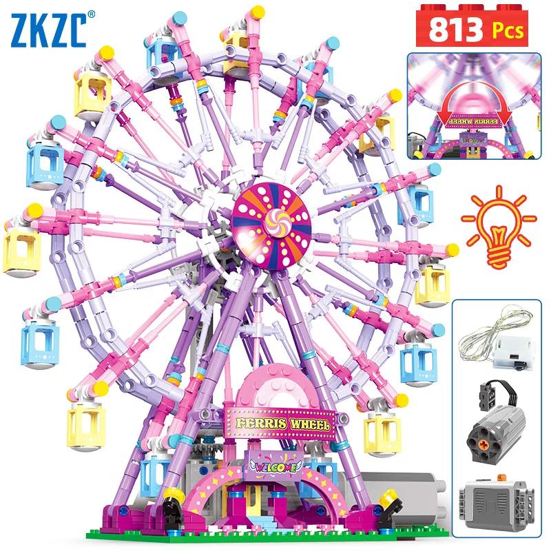 Non-Toxic Zkzc Cherry Blossom Color City Friends Seven Colors Led Rotating Ferris Wheel Building Blocks Electric Bricks Toy Children Gifts