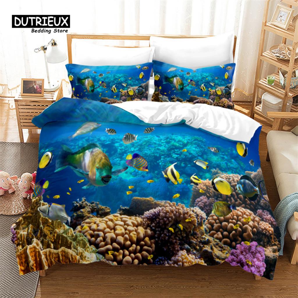 Fish Sea Turtle Duvet Cover Jellyfish Seashell Starfish Bedding Set Microfiber Marine Theme Quilt Cover Twin Full For Kids Adult