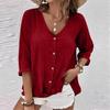 Women's Fashion Casual Solid Color V-Neck Live Button Seven Sleeve T-Shirt Top
