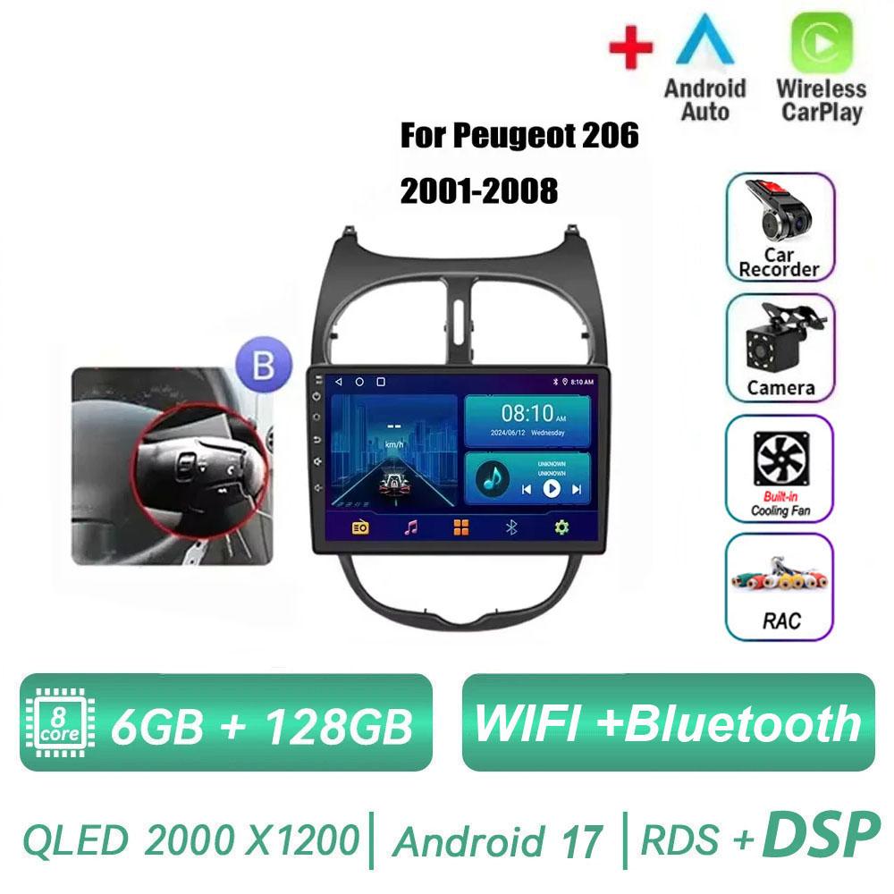 Android 17 pour PEUGEOT 206 206CC 206SW 2001 - 2016 Radio de voiture multimédia automobile sans fil Carplay Accessoires Écran de voiture