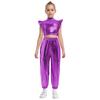 Girls Hip-Hop Dance Costume Mock Neck Rhinestone Mesh Patchwork Sleeveless Metallic Ruffle Top Paired with Shiny Cargo Pants for Competition