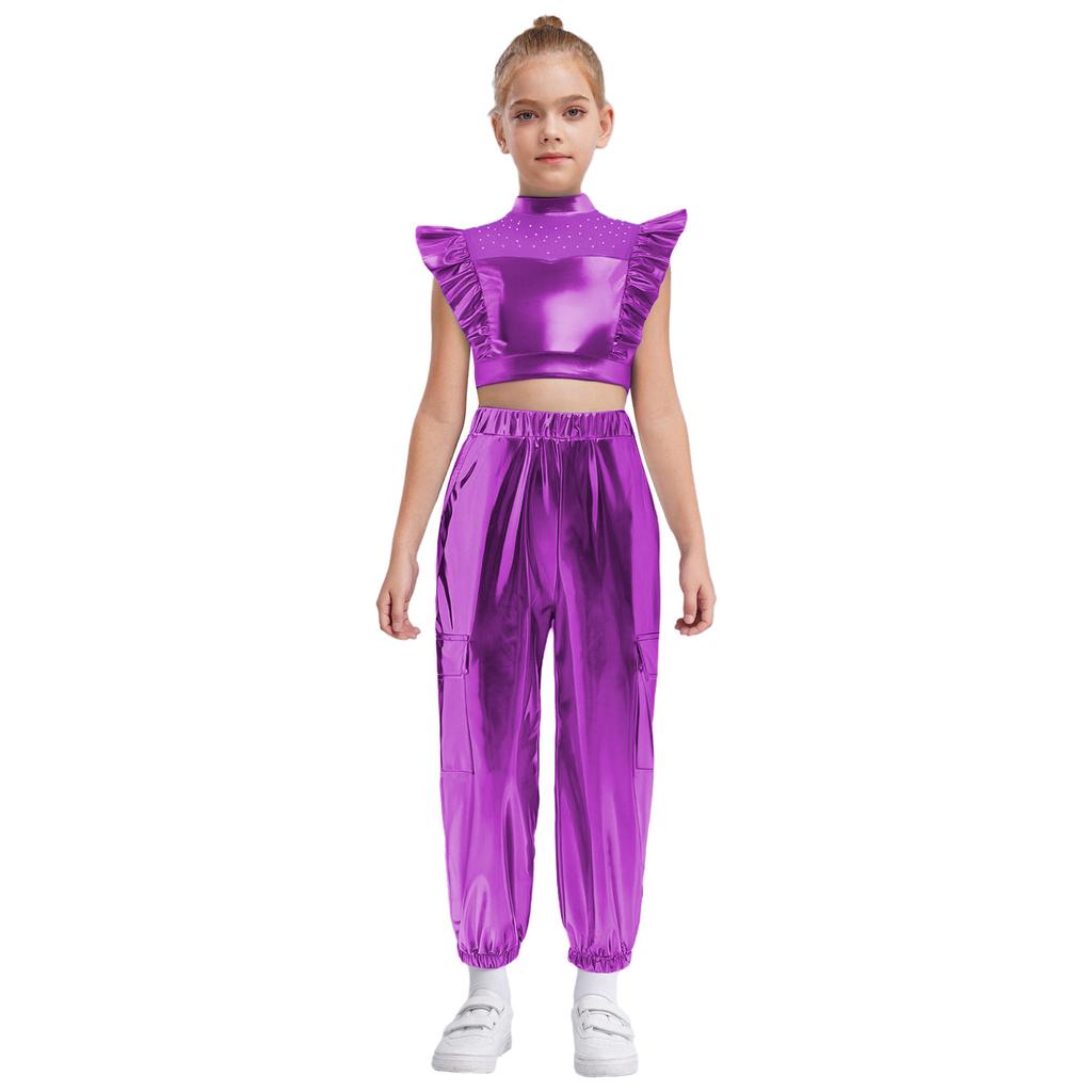 Girls Hip-Hop Dance Costume Mock Neck Rhinestone Mesh Patchwork Sleeveless Metallic Ruffle Top Paired with Shiny Cargo Pants for Competition