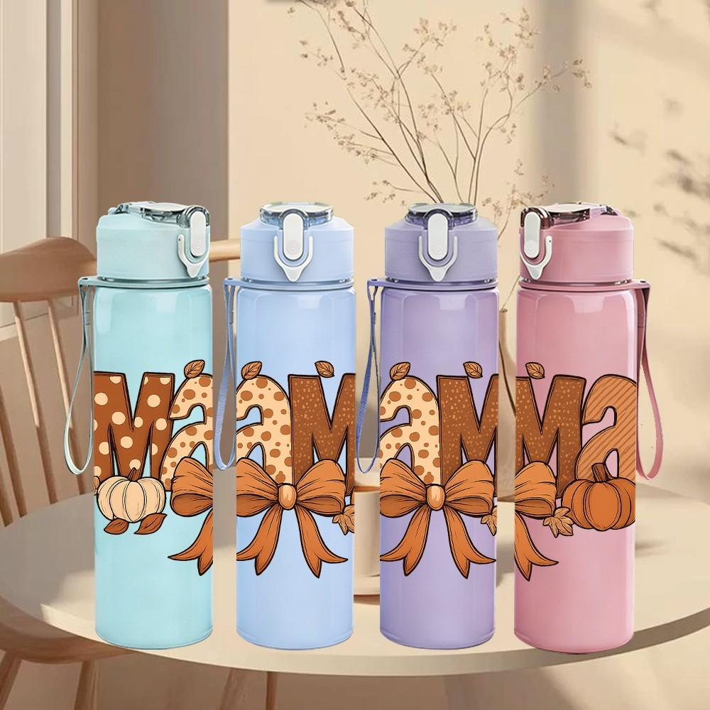 1PC Bow Mama Letter Pumpkin 750ml Color Plastic Sports Water Bottle Leakproof Flip Straw Lid Suitable for Sports Office Home Use