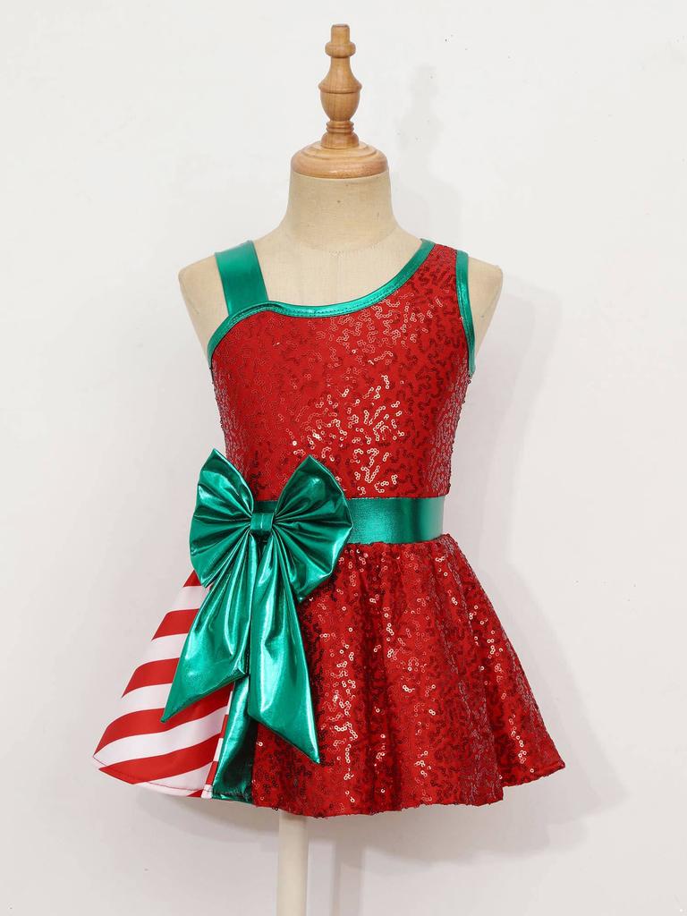 Kids Girls Sequins Christmas Dress Xmas New Year Dress Big Bow Stripe Stage Performance Santa Clause Party Dancewear