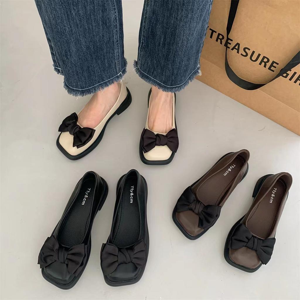 Womens Shoes Low Heel French Bow Retro Square Head Shallow Mouth Mary Jane Shoes New 2024 Retro Shoes Women Ladies Shoes