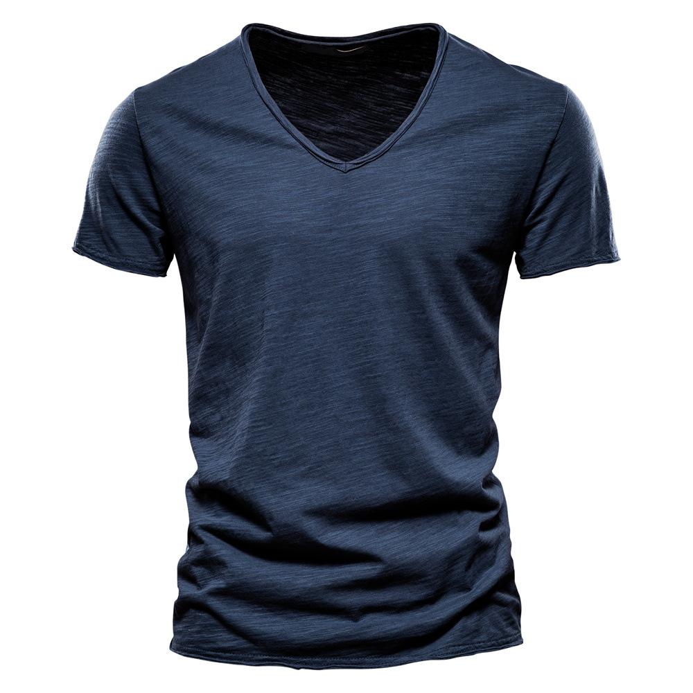 Men's New Solid Color V-neck Short Sleeved T-shirt Made of Pure Cotton
