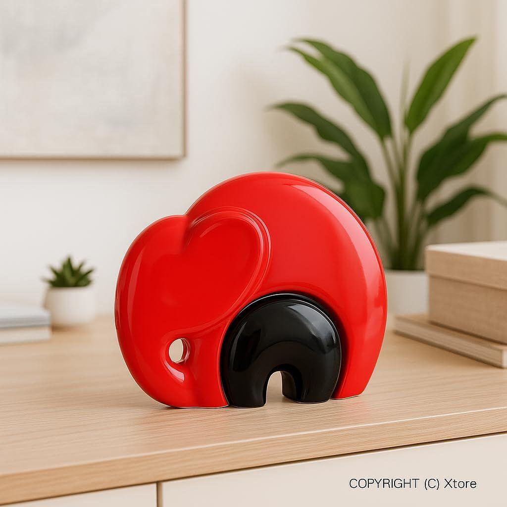 Home Décor Lucky Charm Elephant Mother & Child | Piano Finish Ceramic Figures - (Set of 2 Piece, Red and Black)