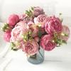 30cm Rose Pink Silk Peony Artificial Flowers Bouquet 5 Big Head and 4 Bud Cheap Fake Flowers for Home Wedding Decoration Indoor KTY