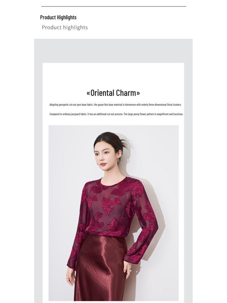 Elegant Georgette Cut-Out Long Sleeve Top - New Chinese Round Neck Style (2501209)