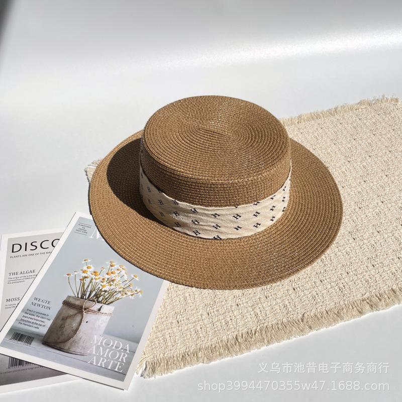 Small fresh letter webbing flat top straw hat female summer seaside photo shoot sun protection shade sand sun hat male