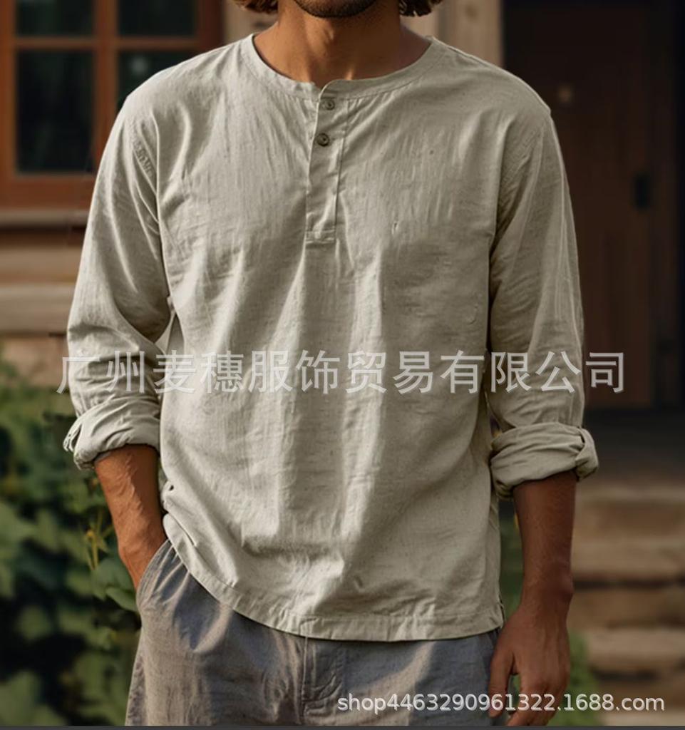 Мужская новая хлопково-льняная однотонная рубашка с длинным рукавом, футболка, круглый вырез, перекрестная застежка на пуговицы, две пуговицы, лен