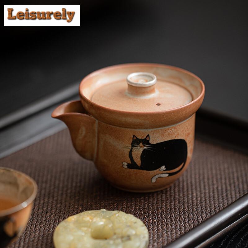 130ml Hand-painted Zhiye Cat Hand Grab Pot Japanese Double Edge Anti Scalding Pot Tea Wood-fired Porcelain Tea Brewing Kettle