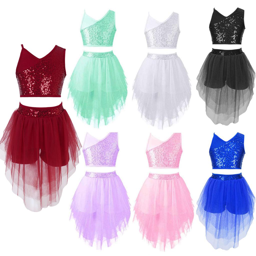 Комплект балетной одежды для девочек с укороченным топом с пайетками и юбкой-пачкой - Разные цвета