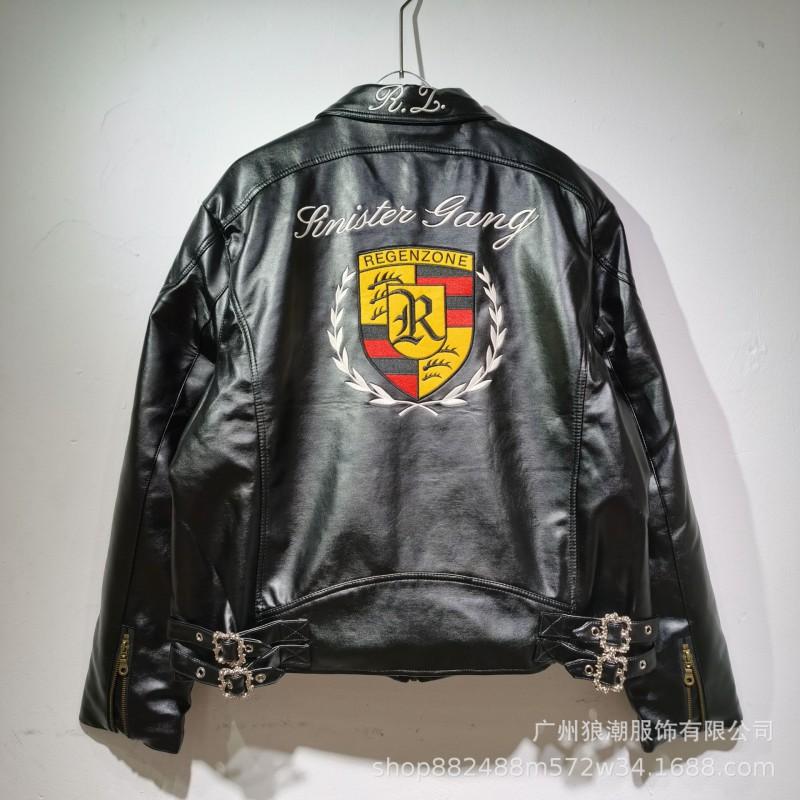 Mens Short PU Leather Biker Jacket With 911 Patch Embroidery Streetwear Style Loose Fit