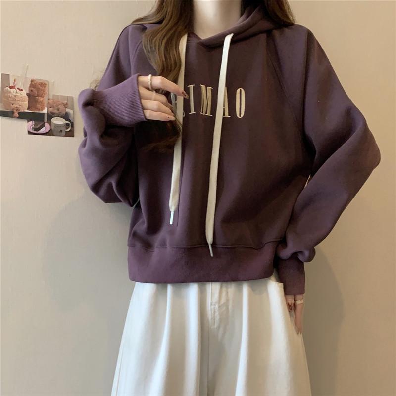 Real shot velvet short hooded sweater women's autumn and winter new loose embroidered long-sleeved top coat