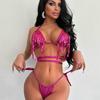Women Sexy Sequin Tassel Triangle Split Bikini Suit Set Summer Tie Side G-String Thong Swimsuit Halter Lace Up Elastic Bikini