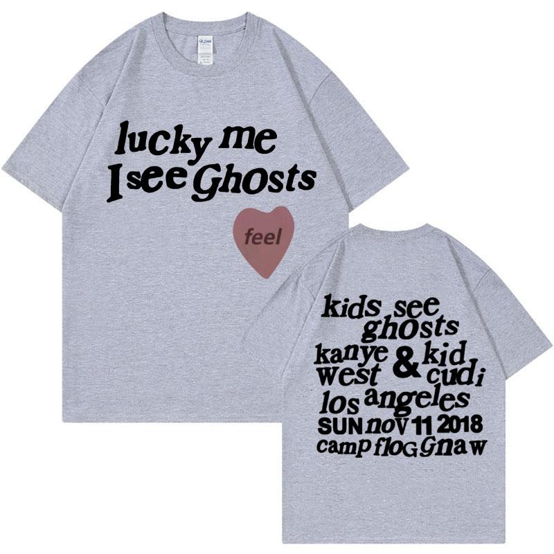 Футболка Kids See Ghosts - Lucky Me I See Ghosts - Буквы Канье Уэста 100% хлопок с принтом Футболки Мужчины Женщины Мода Повседневные топы