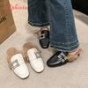 Fashion Aphixta Crystal Square Buckle Warm Winter Slipper Real Fur Women Mule Furry Shoes Square Toe 4.5cm Med Heel Black Modern Slides