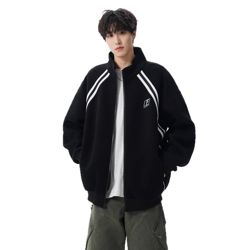Unisex Oversized Stand Collar Zip-Up Hoodie Jacket Streetwear Baseball Style Patchwork Sweatshirt Men Women