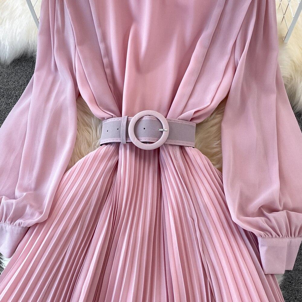 Весеннее корейское шикарное легкое зрелое стильное плиссированное платье с воротником-стойкой и высокой талией на шнуровке на талии Элегантное большое свободное платье