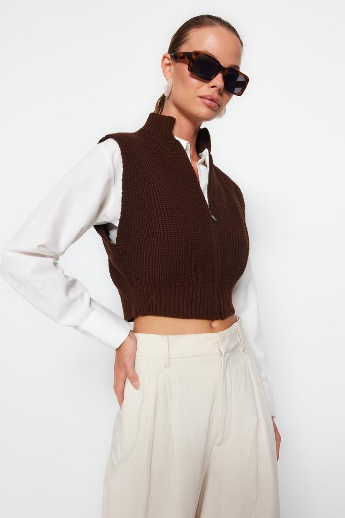 Женский модный стильный свитер, укороченный базовый трикотаж на молнии, жилет