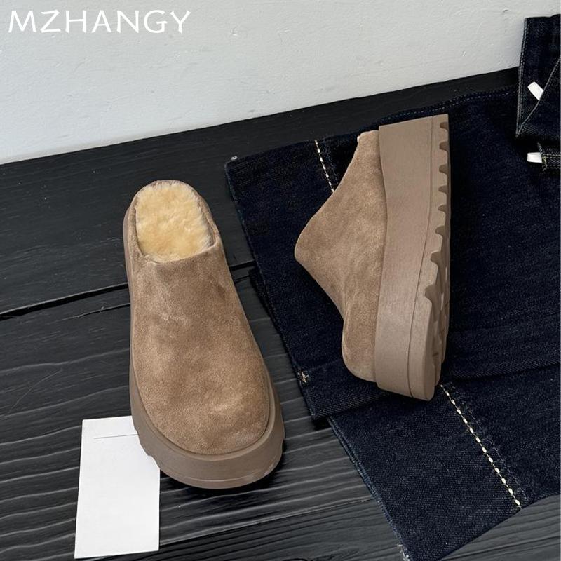 Women Suede Flats Cotton Slippers Platform Mules Shoes Woman 2025 Trend Fashion Winter Warm Casual Walking Snow Boots Flip Flops