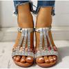 Женские сандалии, летние богемные туфли на танкетке, гладиаторы с кристаллами, римская женская пляжная обувь, повседневная женская обувь на резинке