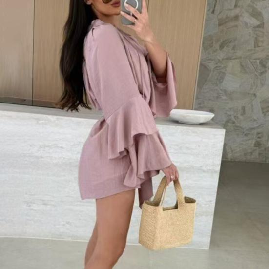 Женское летнее платье-рубашка с оборками, длинными рукавами, V-образным вырезом, короткое платье из шифона, А-силуэта, завязывающегося на талии, струящееся мини-платье