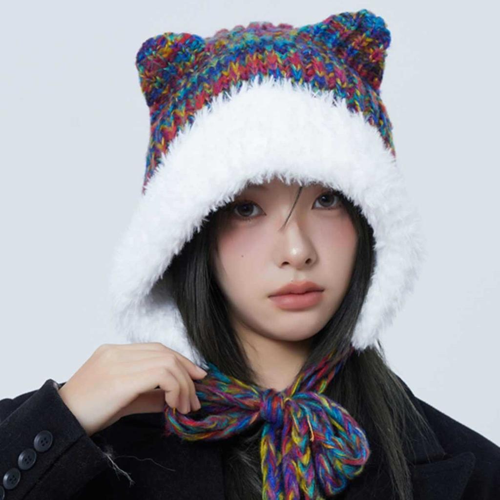 Cute Plush Knitted Hat with Cat Ears Big Head Circumference Face Showing Small Colorful Thick Woolen Contrasting Color Ear Protection Hat