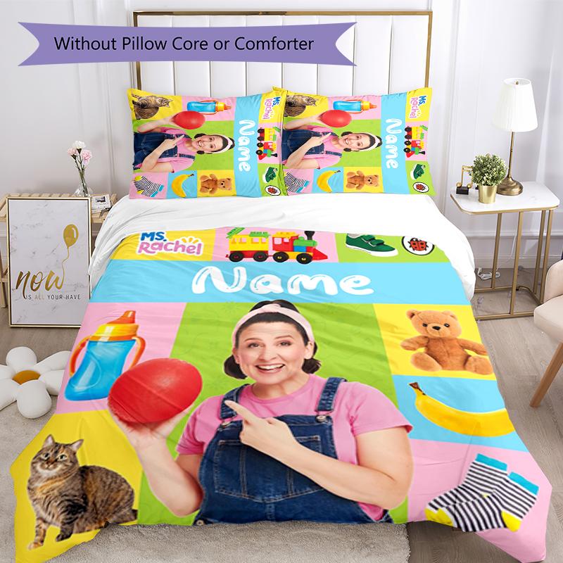 3pcs Custom Name Cartoon Ms. Rachel Bedding Set Duvet Cover Closure Includes 1 Duvet Cover & 2 Pillowcases for All Seasons Bedroom Decor