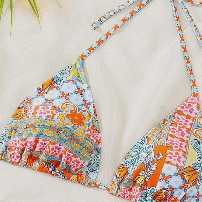 2024 Купальник бикини с треугольными чашками на шнуровке с принтом для женщин