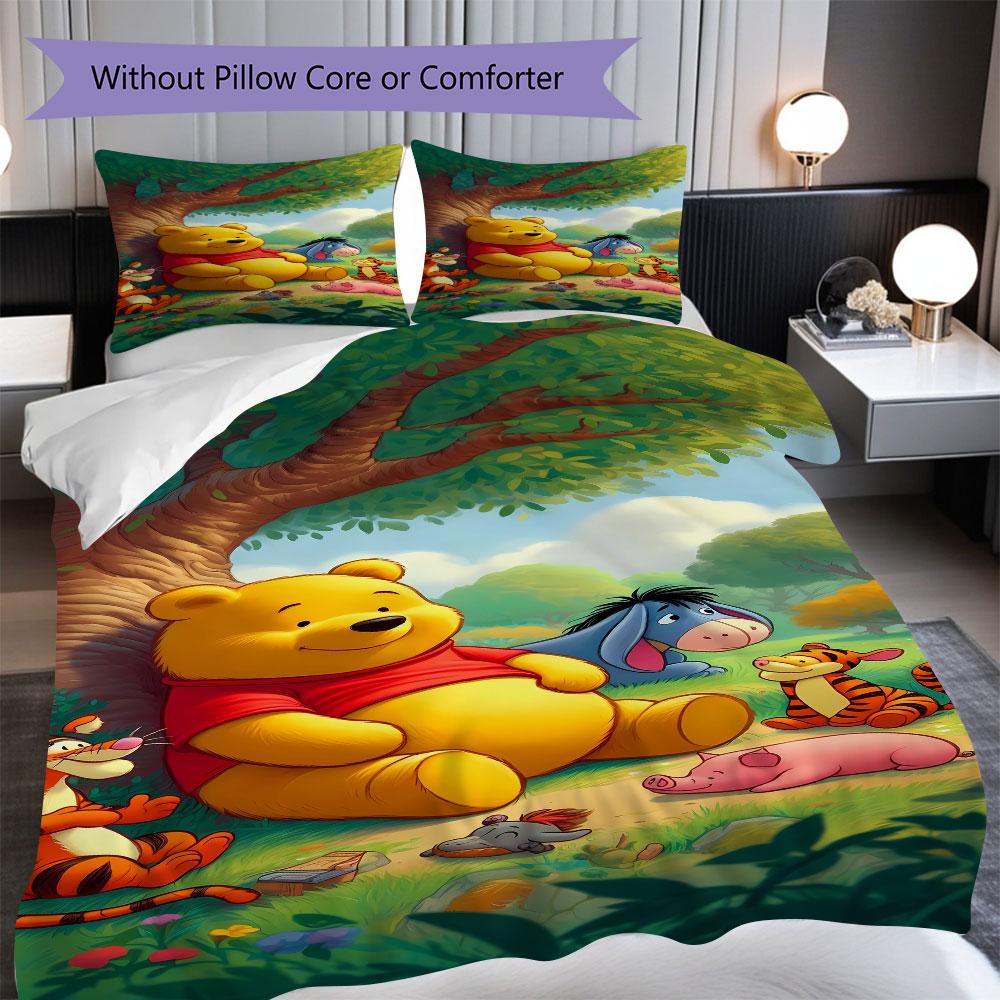 3pcs cartoon duvet cover set (1 duvet cover + 2 pillowcases, duvet insert not included), cute Winnie the Pooh print bedding set.
