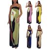 Women Maxi Dress Off Shoulder Sleeveless Backless Color Matching Print Slim Fit Straight Bandeau Anti-slip Prom
