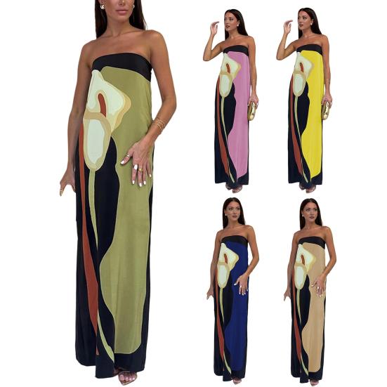 Women Maxi Dress Off Shoulder Sleeveless Backless Color Matching Print Slim Fit Straight Bandeau Anti-slip Prom