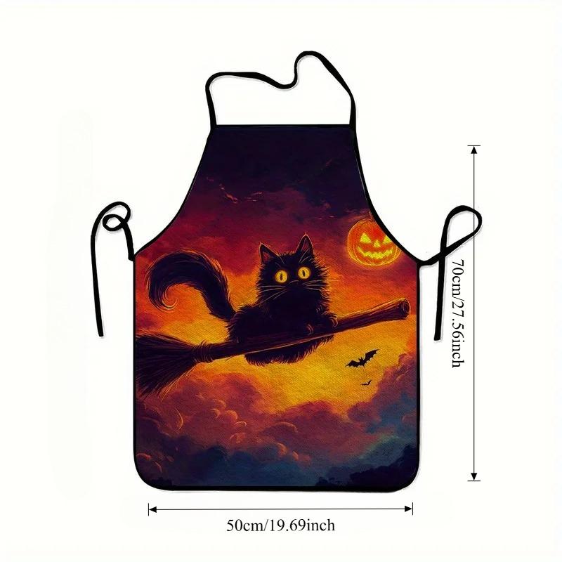Black Cat Print Halloween Apron, Unisex, Festive Party Cooking & Baking Apron